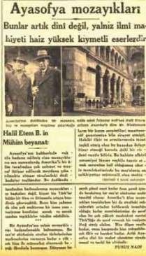 Cumhuriyet Gazetesinde Yunus Nadi'nin Ayasofya makalesi (14 Kasım 1914)